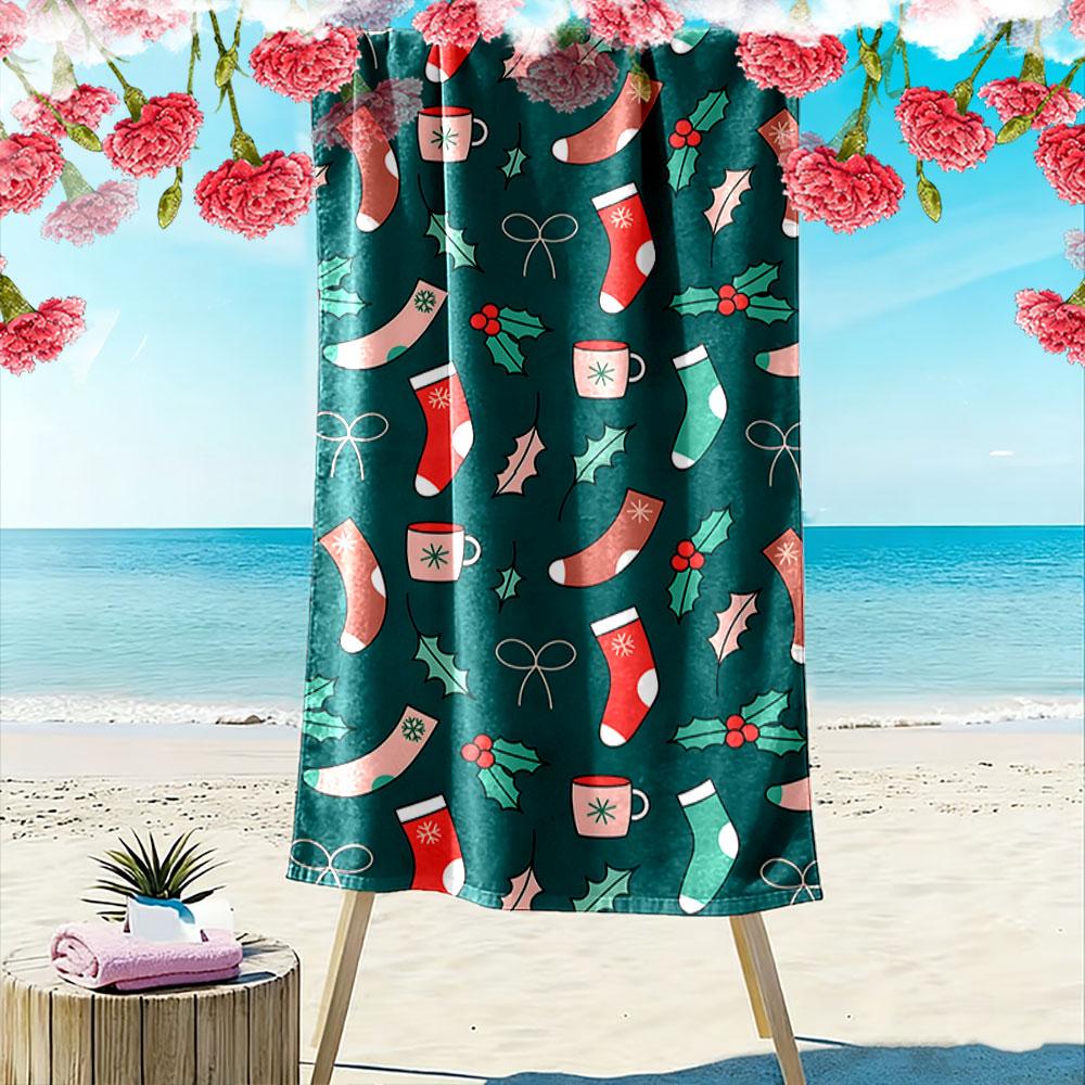 Festive stockings and holly Print beach towel, quick drying, suitable for travel, outdoor sports, jogging, the beach and swimming, gift