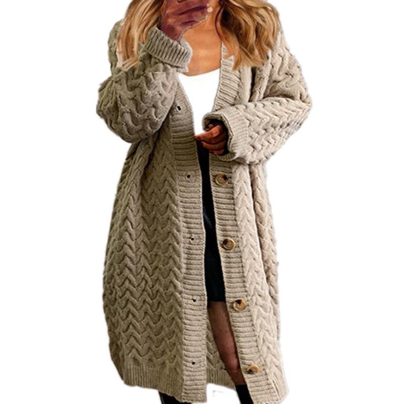 Neuer Herbst- und Winterstil Langer Zopfstrickpullover Damen Einfarbig Knopfleiste Große Strickjacke Mantel