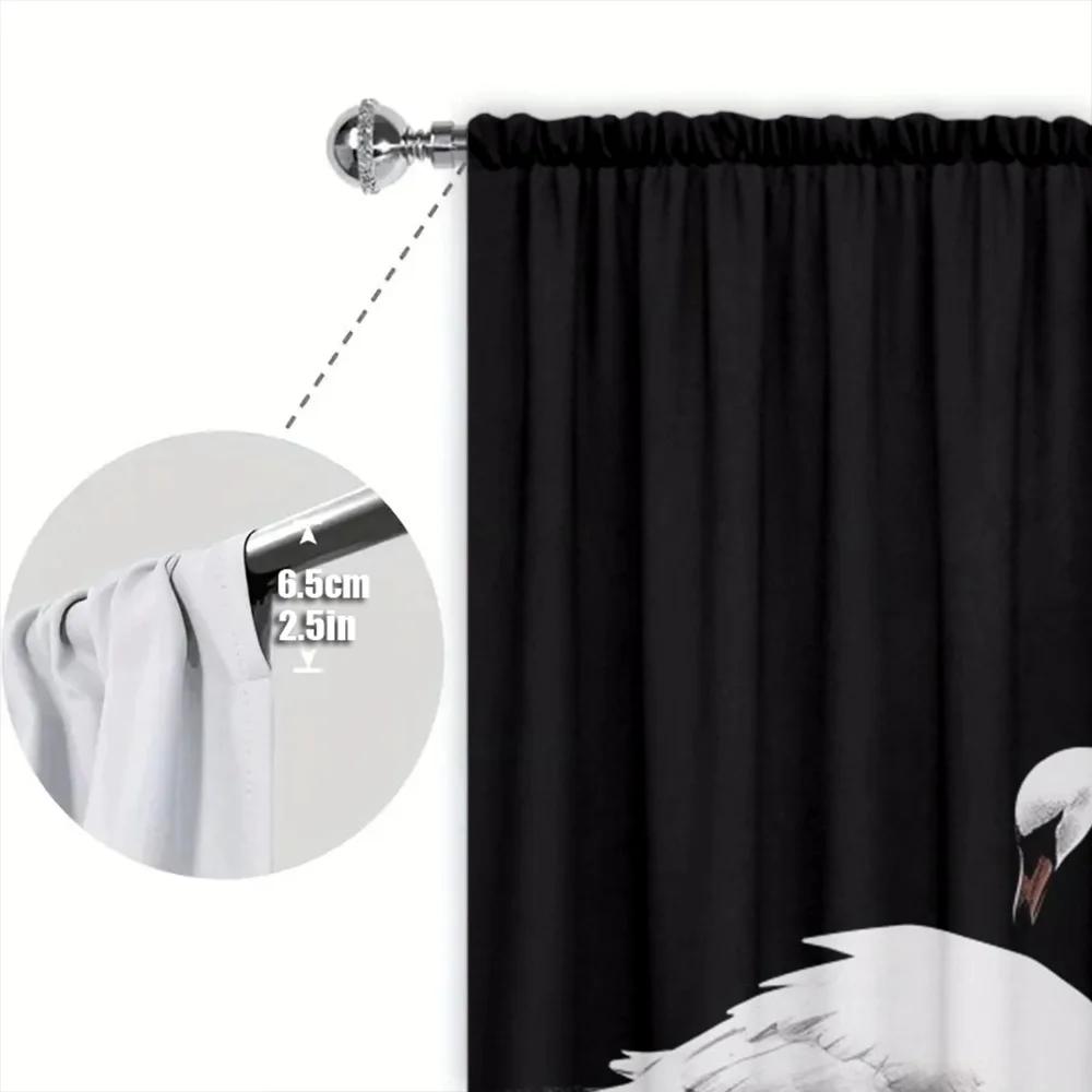 2pcs Black and White Swan Printed Curtain for Home Decor - Rod Pocket Window Treatment for Bedroom, Office, Kitchen, Living Room