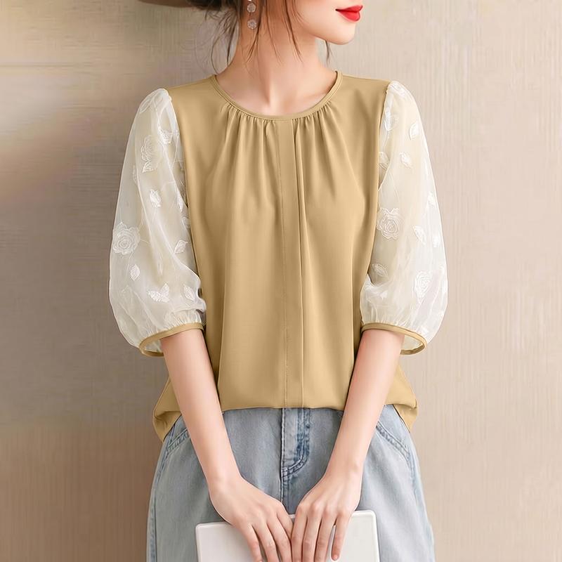 

ZANZEA Women Casual Round Neck Sheer Mesh Splice 3/4 Sleeve Elegant Blouse 5XL хакі
