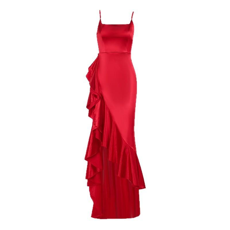Summer new, European and American style sexy temperament suspender ruffle edge split dress dress women
