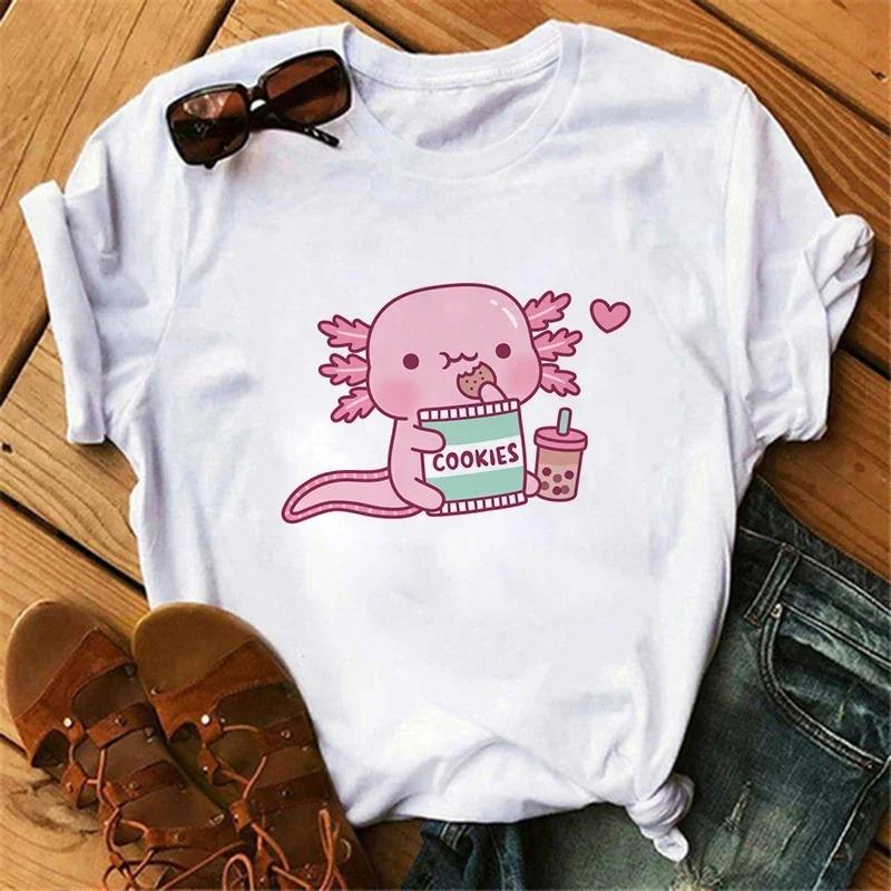 Funny Axolotl T Shirt Women Relaxolotl Kawaii Short Sleeve T-shirt Women's Clothing Summer Tops Y2k Casual Cartoon Graphic Tee
