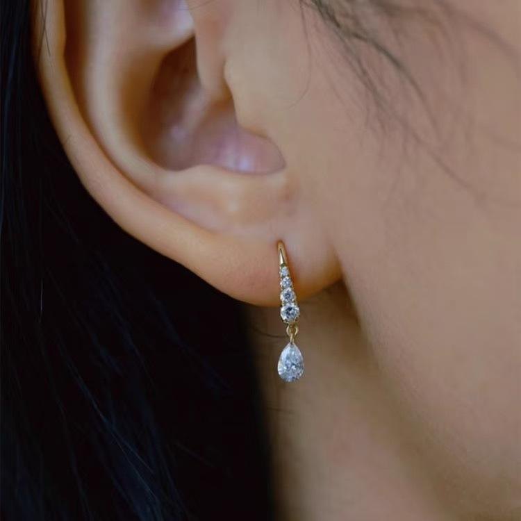 French~ Water Drop Zircon Fringed Ear Hook Plated 18K Gold Temperament Super Flash Earrings Light Luxury Premium Sensitive Ear Hole Earrings