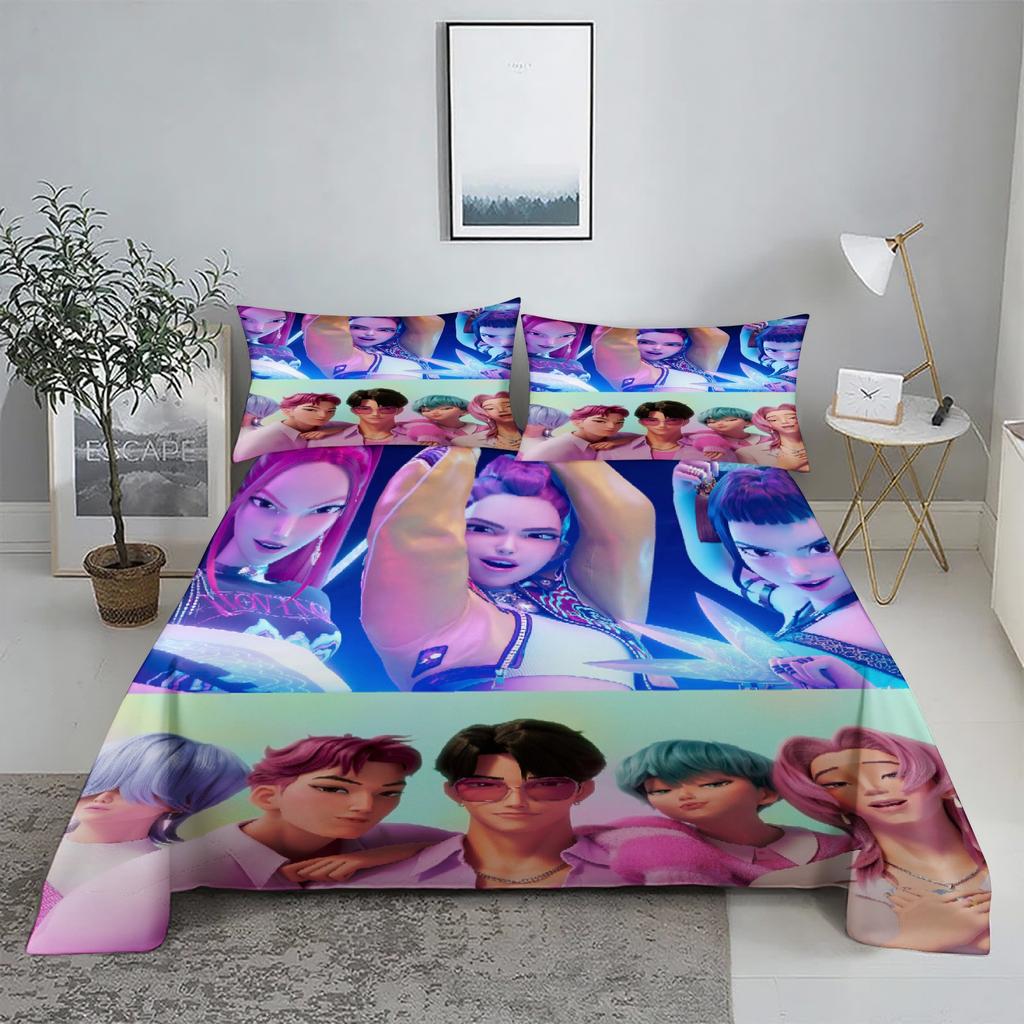 RUMI D-Demon Hunters K-pop Bed Sheet Set 3D Printed Bed Flat Sheet With Pillowcase Bed Linen King Queen Size
