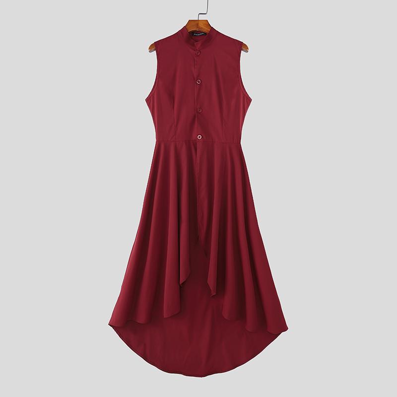 INCERUN Men Stand Neck Sleeveless Buttons Irregular Ruffled Long Vest Cardigan Waistcoats
