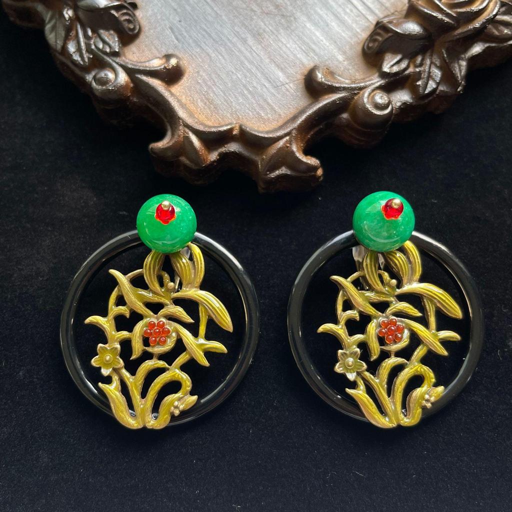 Vintage Chinese Enamel Clivia Exaggerated Western-Style Ear Clips for Women