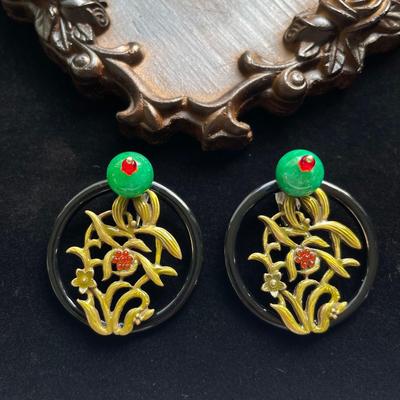 Vintage Chinese Enamel Clivia Exaggerated Western-Style Ear Clips for Women