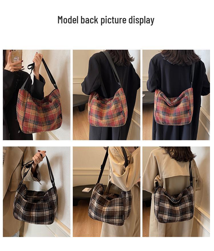 Retro Plaid Plush Shoulder Tote - Classic Large Capacity for College Students