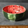 Hand-Painted Watermelon Design Large Ceramic Noodle Bowl with Underglaze Snails Pattern - Fresh, Deep & Stylish.