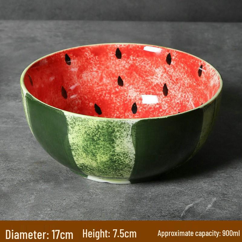 Hand-Painted Watermelon Design Large Ceramic Noodle Bowl with Underglaze Snails Pattern - Fresh, Deep & Stylish.