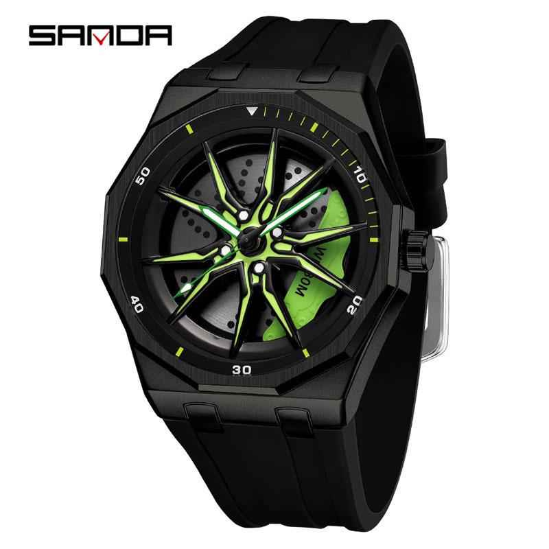 Sanda Men's Waterproof Alloy Car Wheel Design Silicone Wristwatch