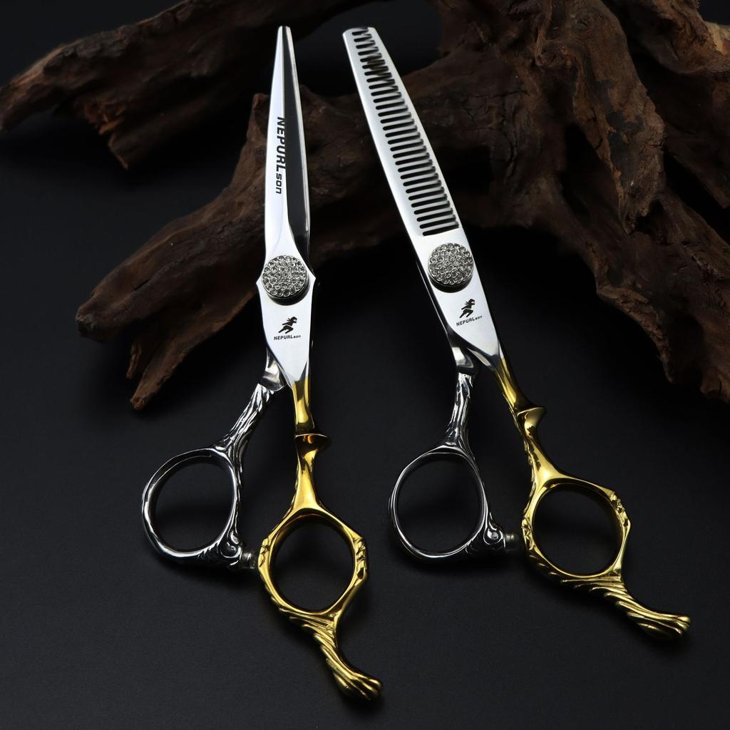 6-Inch Nimpson Platinum, Full Brick And Gem Double-Sided Sword Large Wood Grain, Hair Scissors, Barber Scissors, Flat Scissors