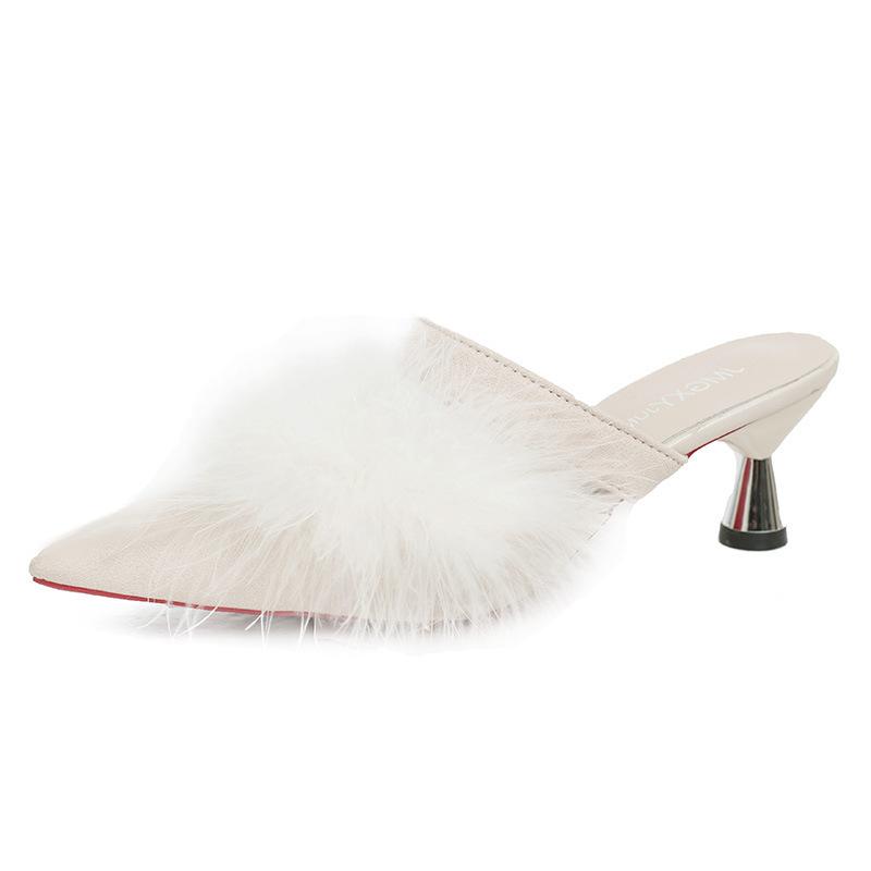 Toc subțire cu toc înalt, papuci de halat de dimineață, mărime mică, papuci pufoși și cool, de vară, versatili, cu vârf ascuțit, pentru mireasă, toamnă