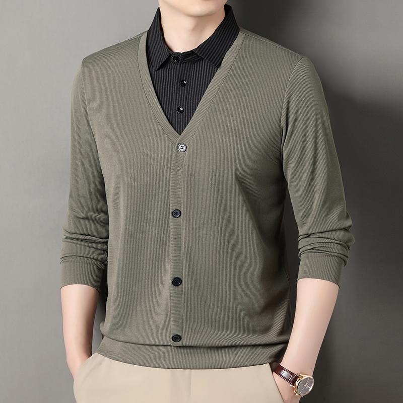 Men's Fake Two Piece Polo Shirt Casual Fashion Long Sleeve Collar T-shirt Versatile Top