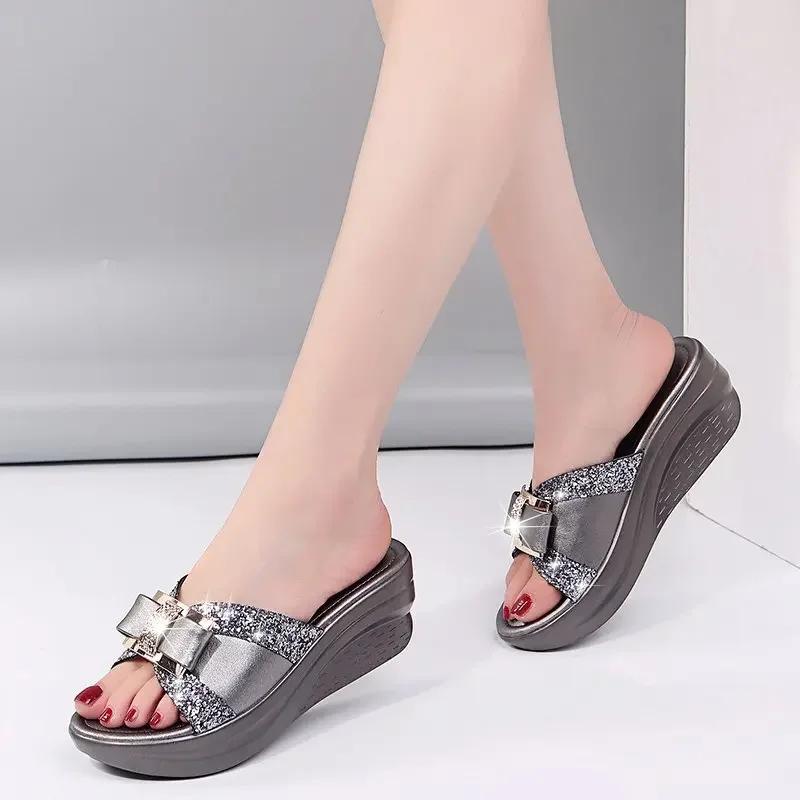 Women Sandals Comfort Summer Peep Toe Outdoor Beach Shoes for Women 2025 Platform Wedge Heel Shiny Bow Sandals Women