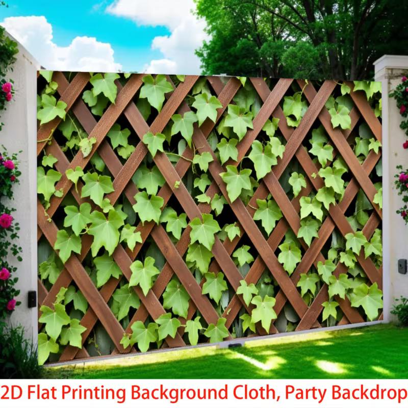 2D Brown Diamond Lattice Wood Fence Green Ivy Vine Backdrop