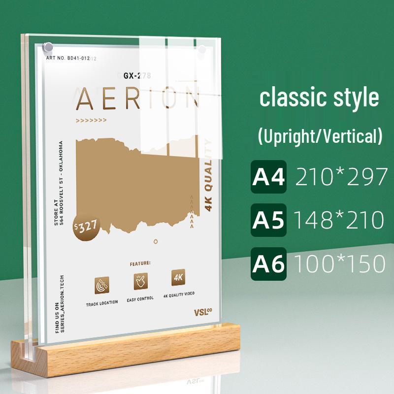 A4 Acrylic Table Card Holder with Beech Wood Base, Double-Sided Pull-Out Display Stand