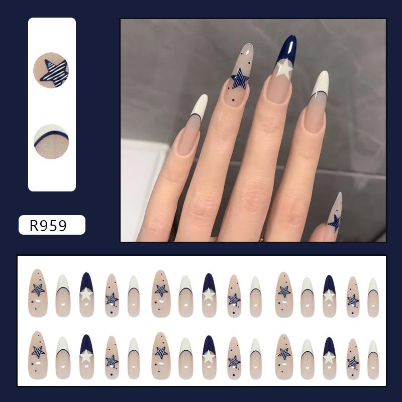 

Blue retro smart star French polka dot fake nail patch removable manicure patches 30 pieces