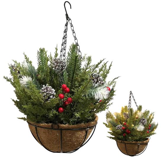 Świąteczne wiszące kosze na zewnątrz Pre-lit sztuczny kosz ze światełkami LED Szyszki jagody do dekoracji świątecznej werandy ogrodu