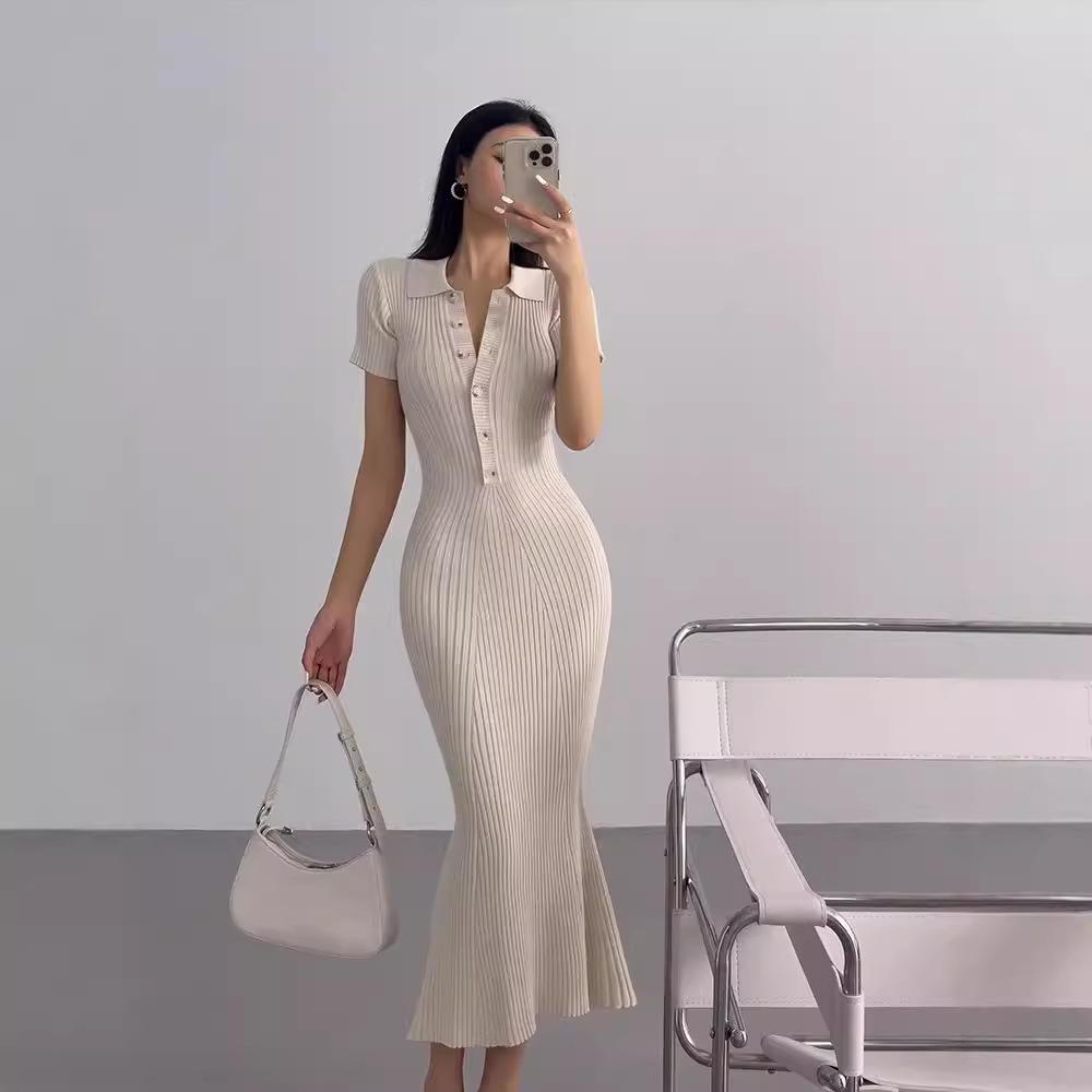 

Royal Sister Fishtail Knit Dress: Slim Fit Polo, Short Sleeve, Autumn-Summer Style