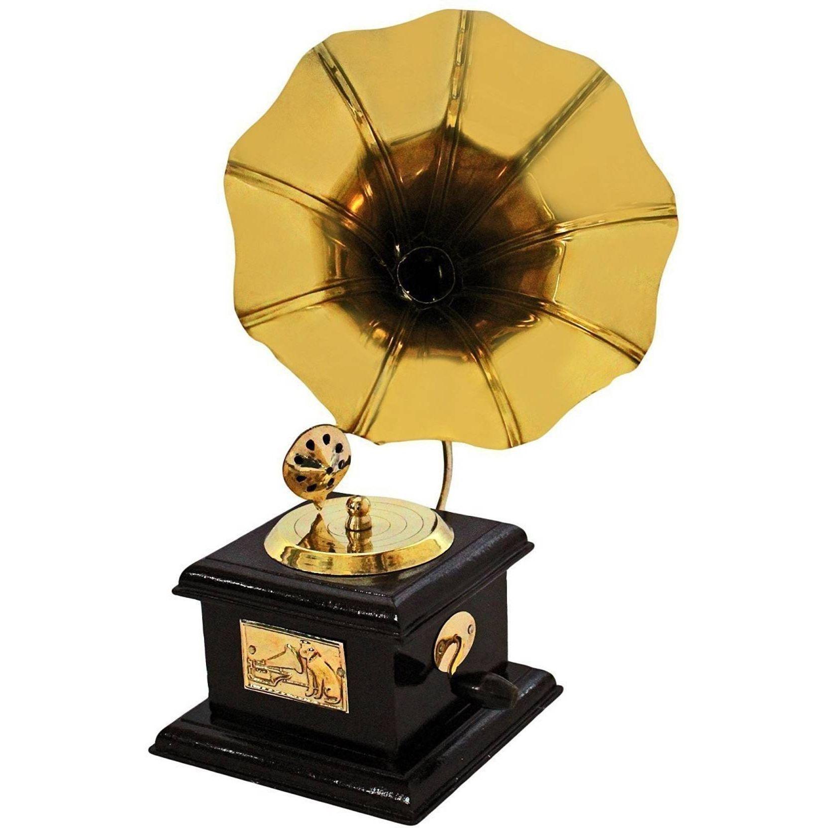 

АНТИКВАРНЫЙ ШЕДЕВР ЛАТУННЫЙ И ДЕРЕВЯННЫЙ ГРАММОФОН Декоративный экспонат - 23 см (Латунь, Золото)