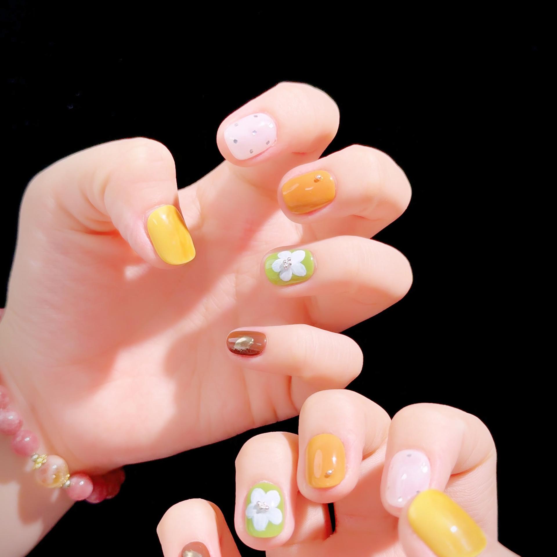 Hand-Painted Colorful Flower Nail Art Stickers - Short, Wearable, Gentle, and Cute Design.