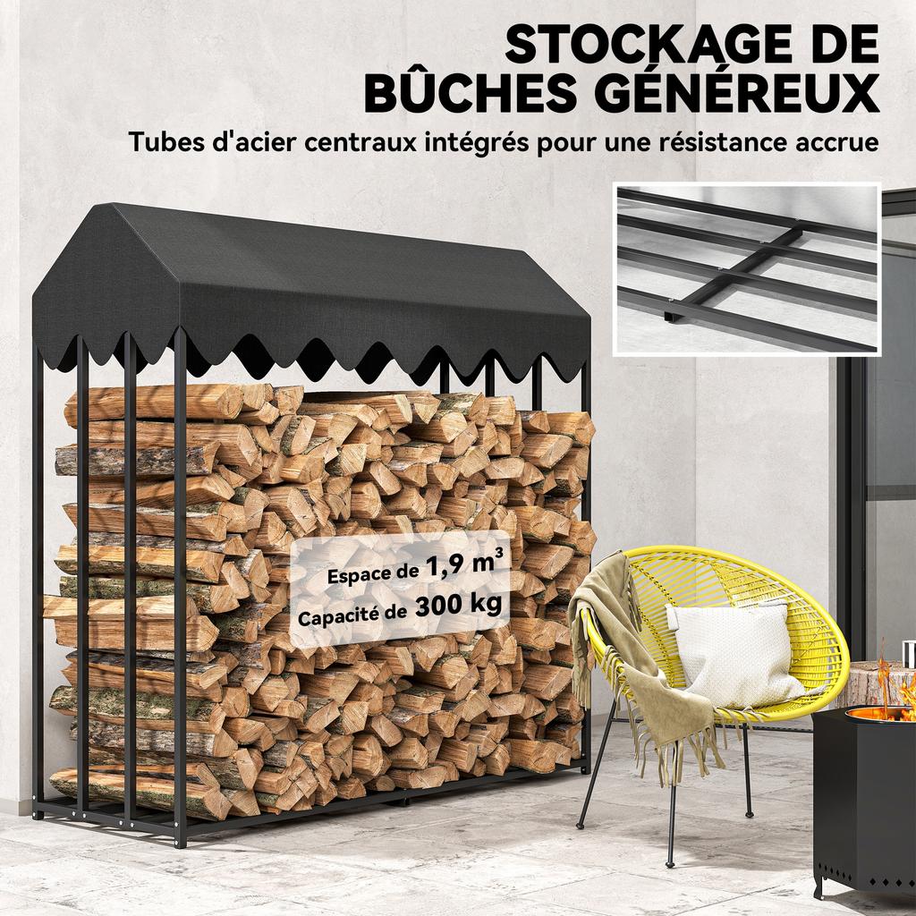 Outdoor Log Storage Rack, Cover, 600D Oxford, 1.9 m³, Steel, 186 x 70 x 185 cm, Black