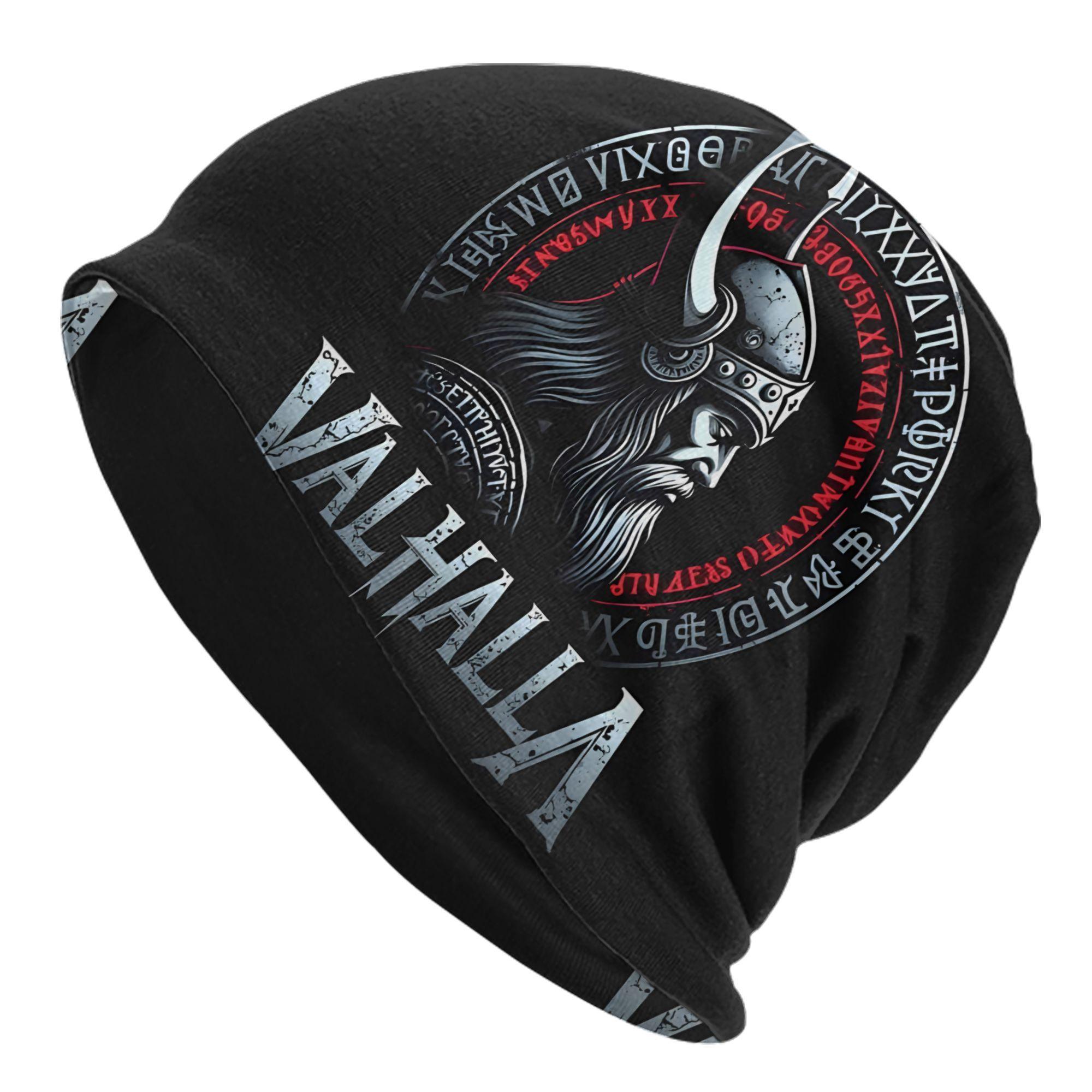 BIIHUDU Viking Skull Beanie Hat Valhalla Norse Warrior Design with Horned Stretchy Knit Winter Skull Cap for Men Women Col One Size
