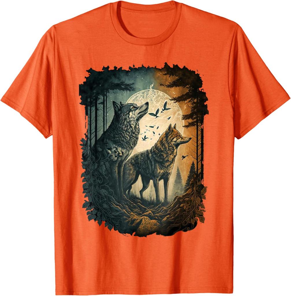 Wolf Howling Moon Forest Graphic Tee Men Women Casual Cotton Crew Neck T-Shirt Spring Autumn