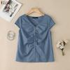 Women Elegant V-Neck Solid Color Short Sleeve Blouse