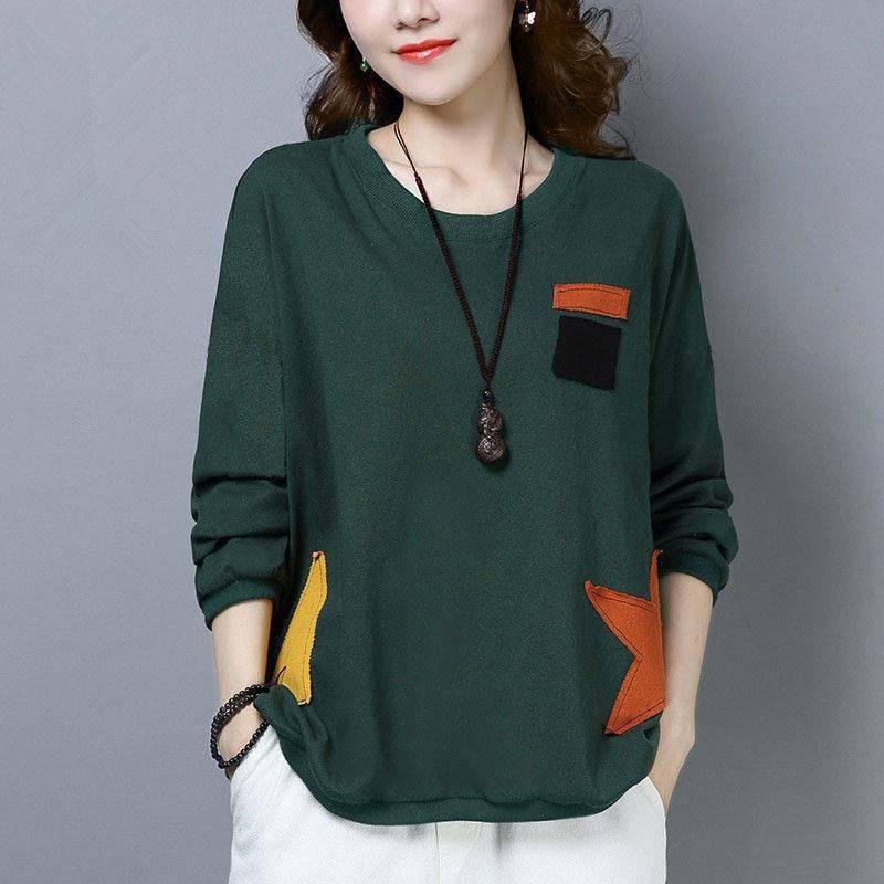Cotton-containing new long-sleeved loose T-shirt women's spring and autumn clothes round neck casual sweater women's Korean version large size