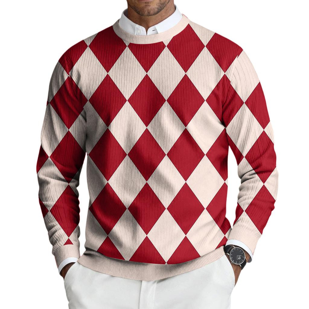 Męski sweter z okrągłym dekoltem, długim rękawem i prążkowanej dzianiny