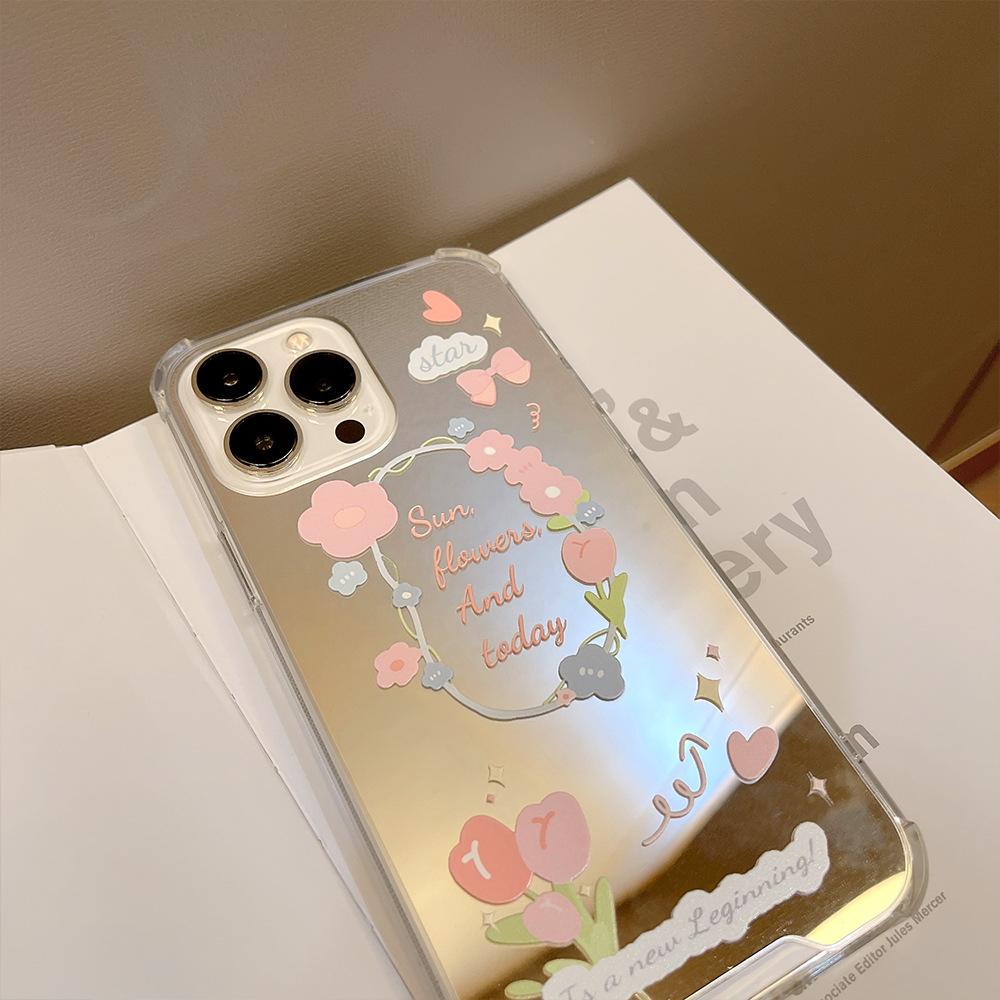 Fresh Small Floral Iphone14 Apple Suitable for 16Promax Mobile Phone Case 15 Silicone 11 12 Makeup Mirror X