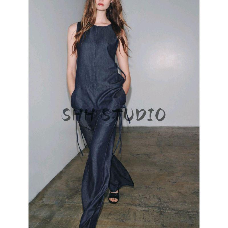 Autumn Bowknot Decoration Sleeveless Top 2183246 Loose Cross Simple Casual Jeans 2183247