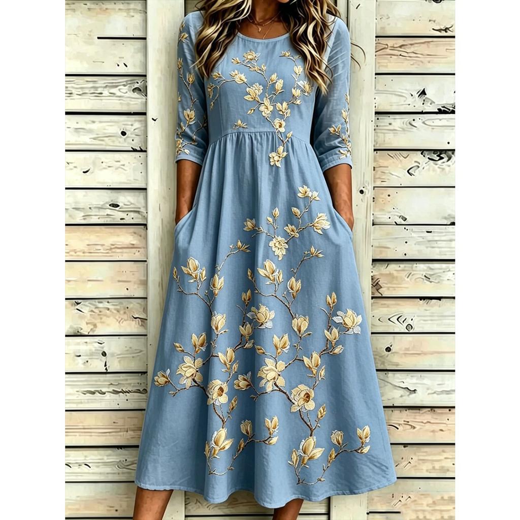 Women's Crew Neck Long Sleeve Loose Fit A-Line Midi Dress Casual 3D Floral Print