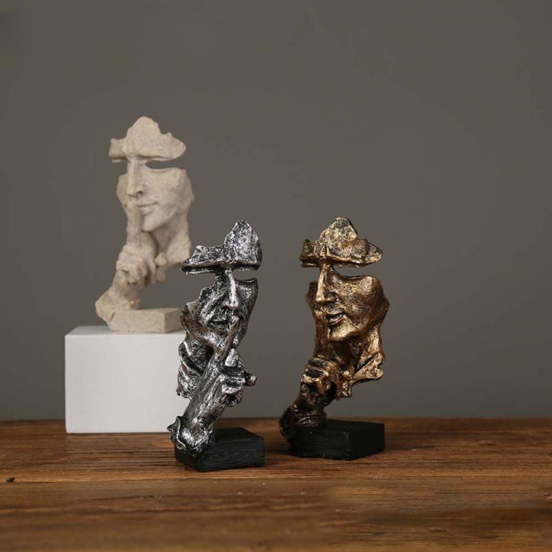17cm Home Decor Abstract Silence Is Gold Figurine Resin Hand Face Silent Men Statue Sculpture Home Office Living Room Decoration