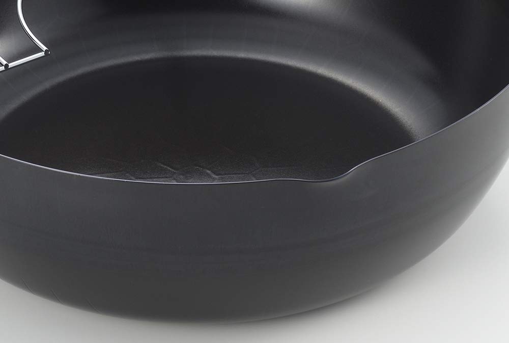 Yoshikawa Tempura Pan with Wooden Induction and Gas New Gourmet Made in SJ3170 Handle, 24cm, Iron, Compatible, Power, Black, Tsubame-Sanjo, Japan,