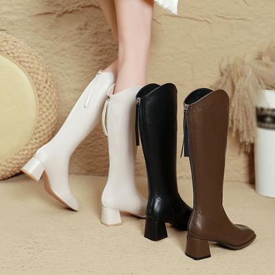 But Knee Boots Autumn and Winter High Heel Thin V-mouth Boots Thick Heel Brown Square Head High Boots