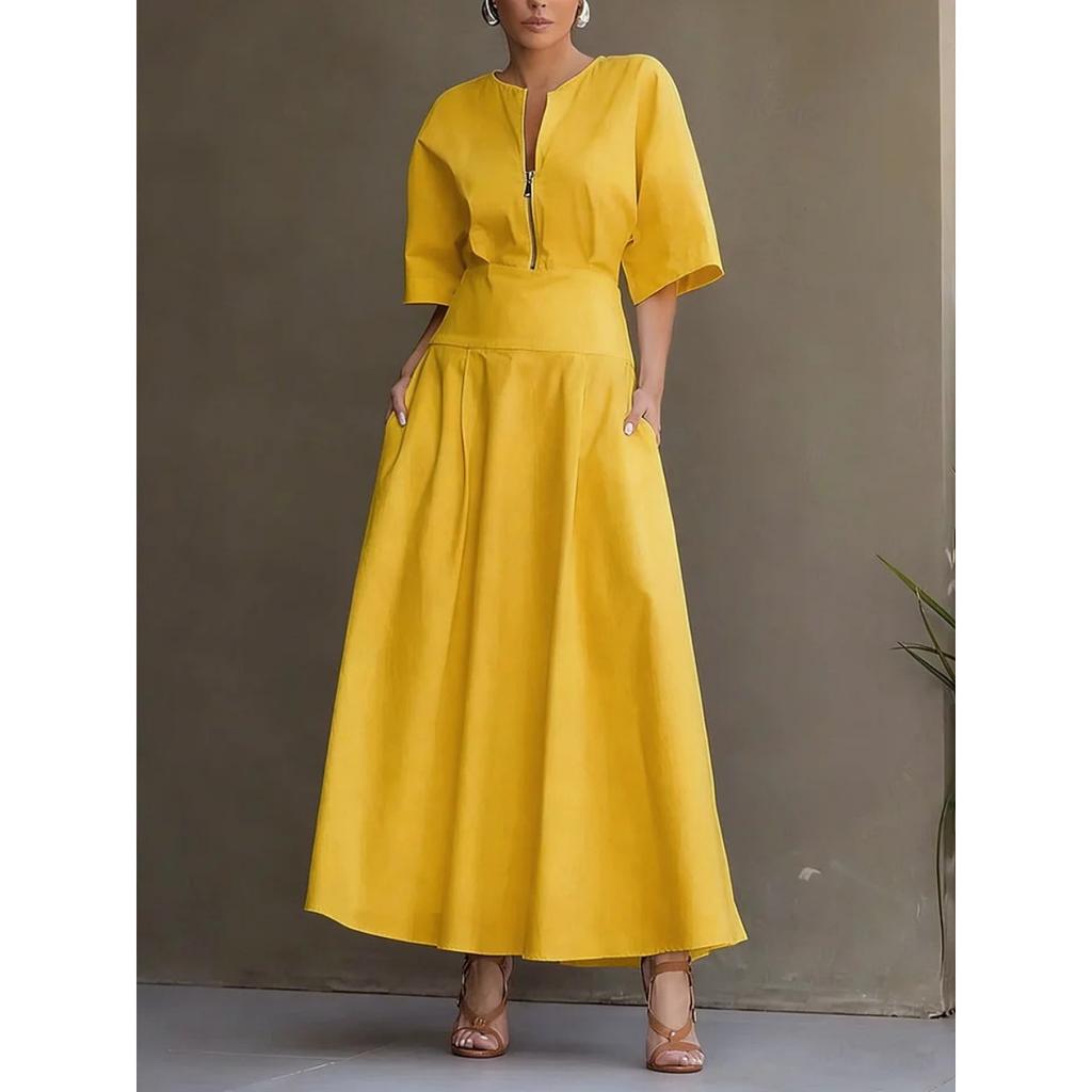 Women's Solid Color Short Sleeve Maxi Swing Dress Casual Fashion Summer Dress for Women