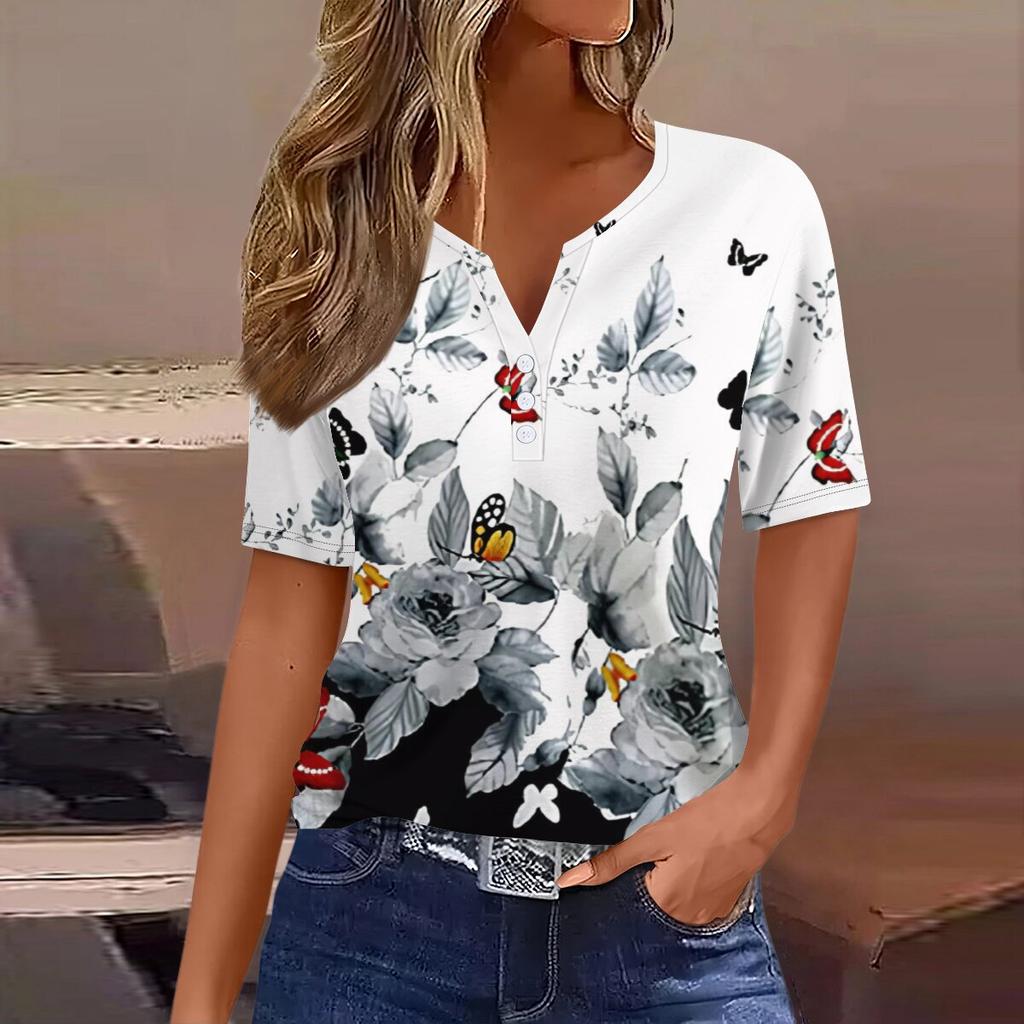 2023 Summer New Fashion Short Sleeve Casual Printed V-neck T-shirt