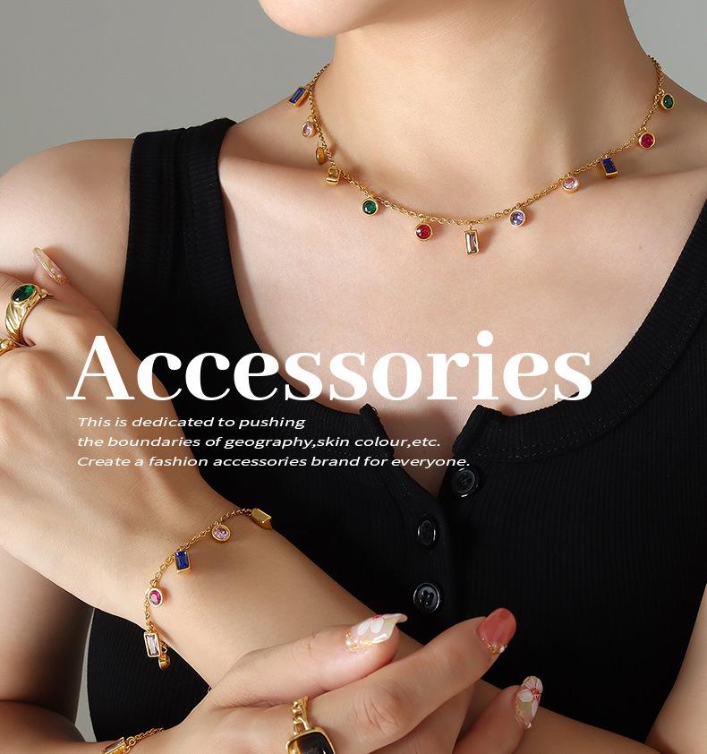 Luxury Multi-color Zircon Jewelry Set: Tassel Necklace with Niche Design Titanium Steel Bracelet