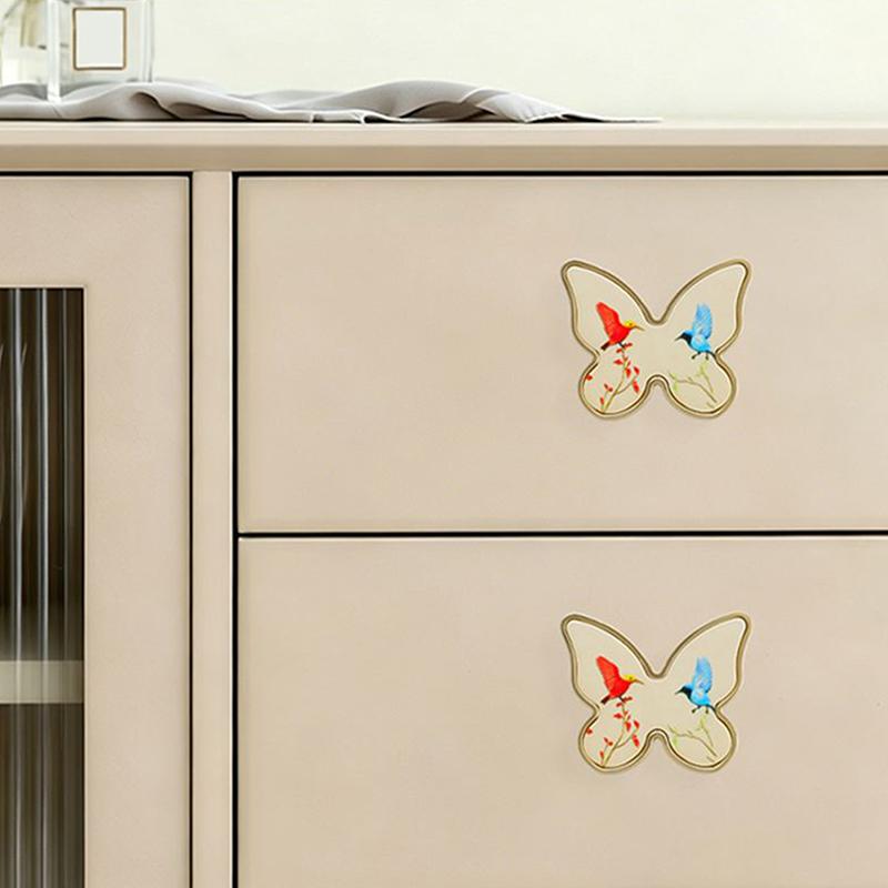 Butterfly Shaped Cabinet Knobs Unique Chinese Painting Pattern Easy Install Furniture Handles for Wardrobe Drawer