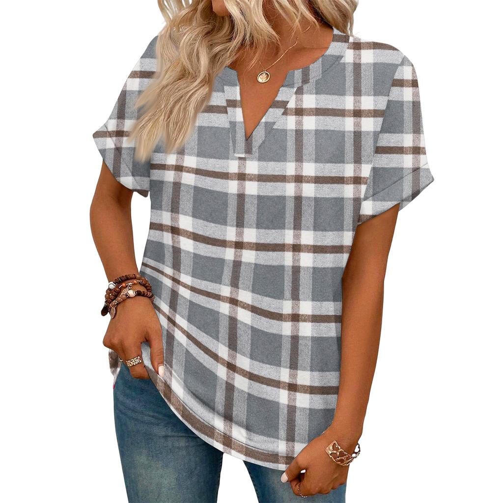 Stylish Women's Casual V-neck Short-sleeved Striped Plaid Print T-shirt