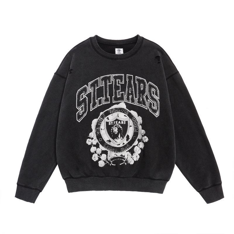 SAINT Retro Distressed Fleece Pullover Sweatshirt