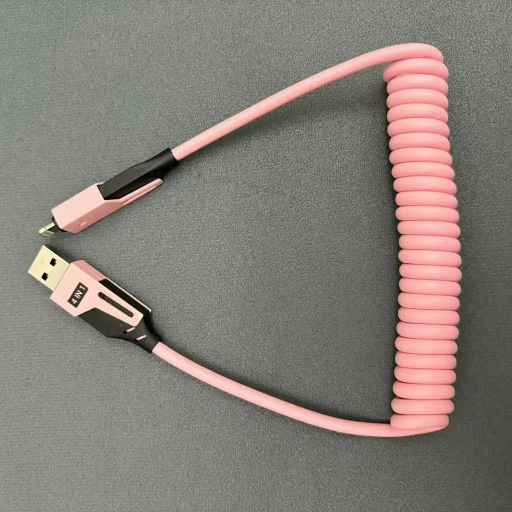 4 in 1 65W Spring Short Data Cable 6A USB Type C Spring Telescopic Quick Charger Wire Spring USB Cable for iPhone 16 15 14 13 12