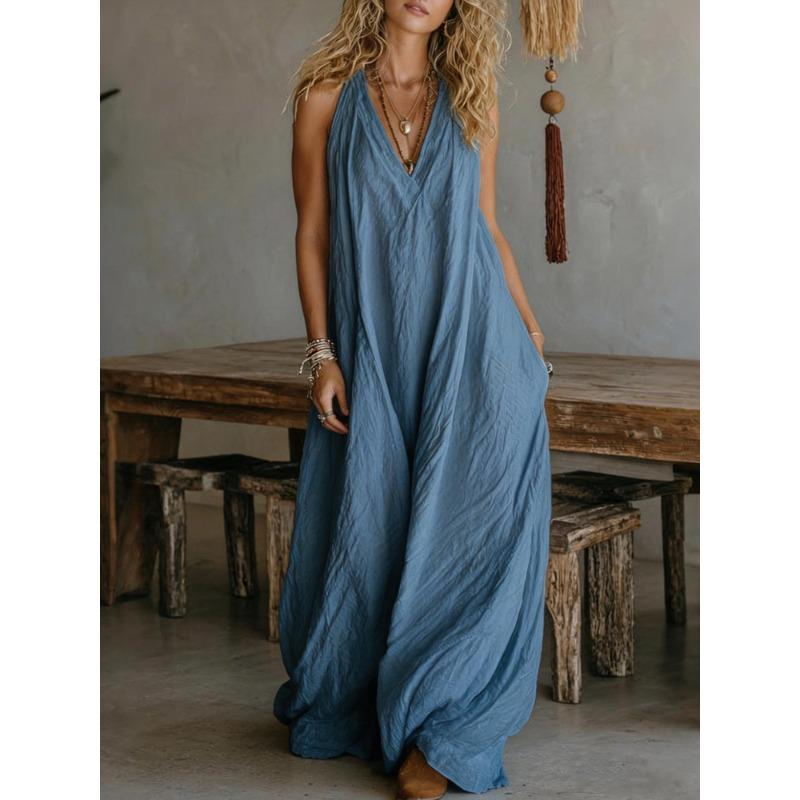 GMXIA Women's Fashion V-Neck Sleeveless Summer Spring Solid Color Print Casual Dresses