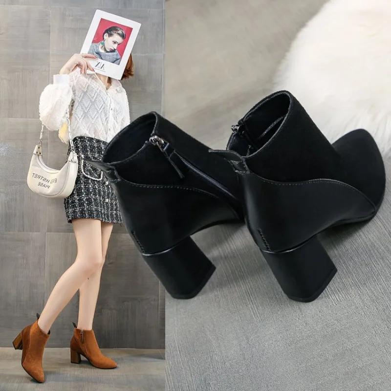 Autumn/Winter Women Ankle Boots Pointed Fashion Short Boots Suede Panel Side Zipper Thick Heels Women's Shoes Large 44