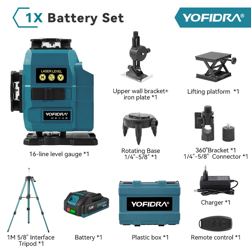 

YOFIDRA 16 линий 4D лазерный уровень автоматический 360 горизонтальный вертикальный самовыравнивающийся ультрамощный зеленый луч для 18 В аккумулятора 1xBattery Set