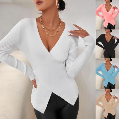 Womens Sweater Fashion Slim Casual Solid Pullover Top Long Sleeve V-neck Wrap Cross Ribbed Knit Sweater
