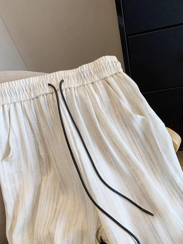 Women's Summer Satin Wide-Leg Ink Wash Pants – Casual, Floor-Length, Lazy Style
